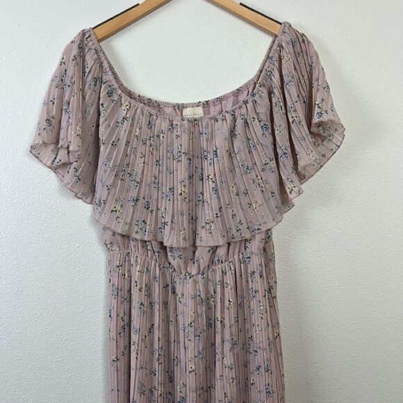 MELLODAY Pink Floral Off Shoulder Pleated Dress sz L - Picture 5 of 7